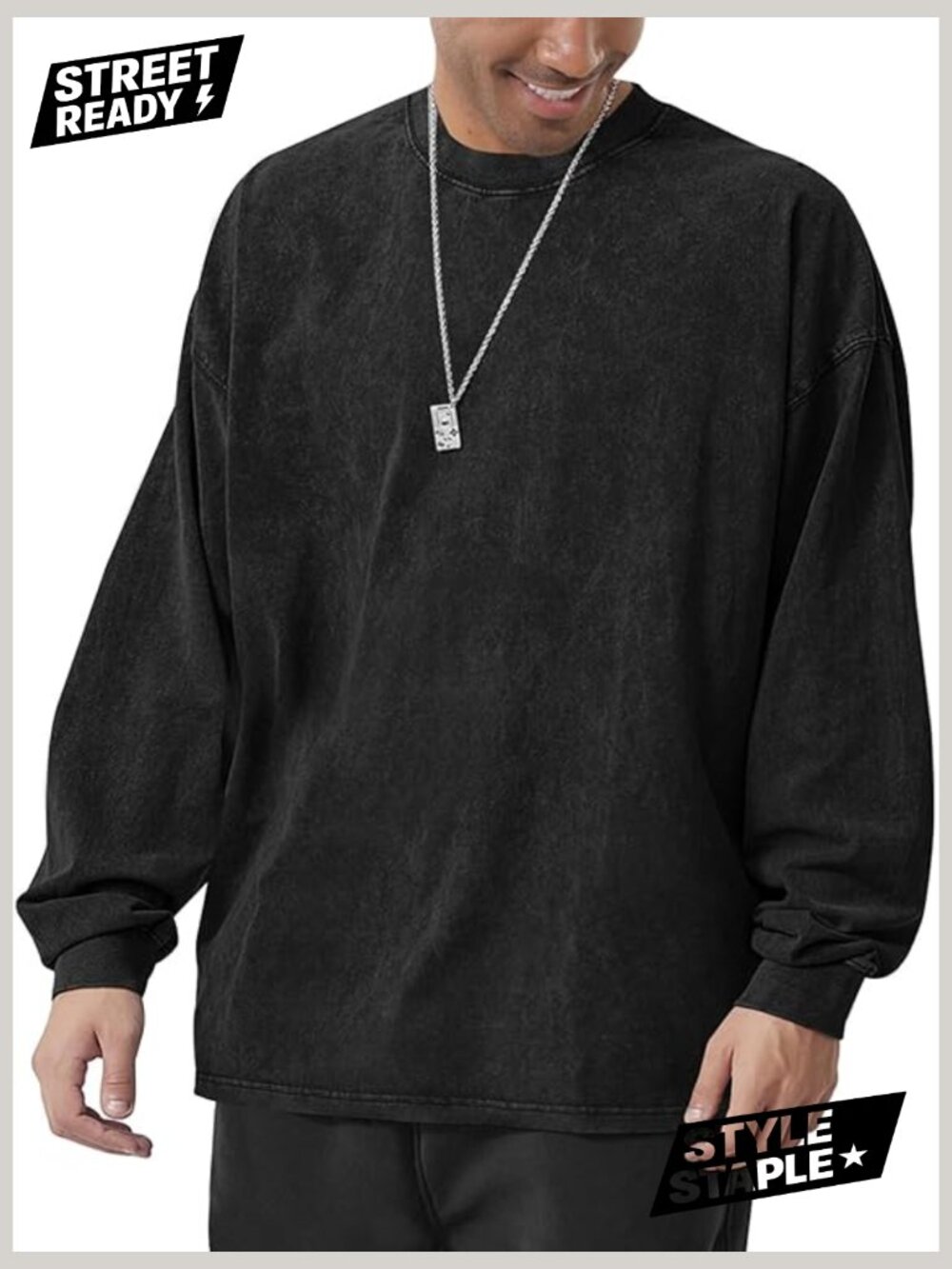 Vintage Wash Heavyweight Long Sleeve Tee Oversized Crew Neck - Picture 1 of 7